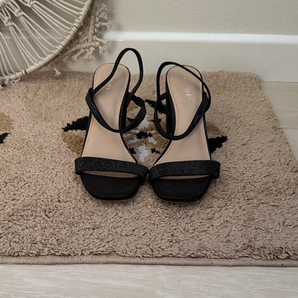 3/$10 Maripe Black Sequined Strappy Block Heels - Picture 2 of 10